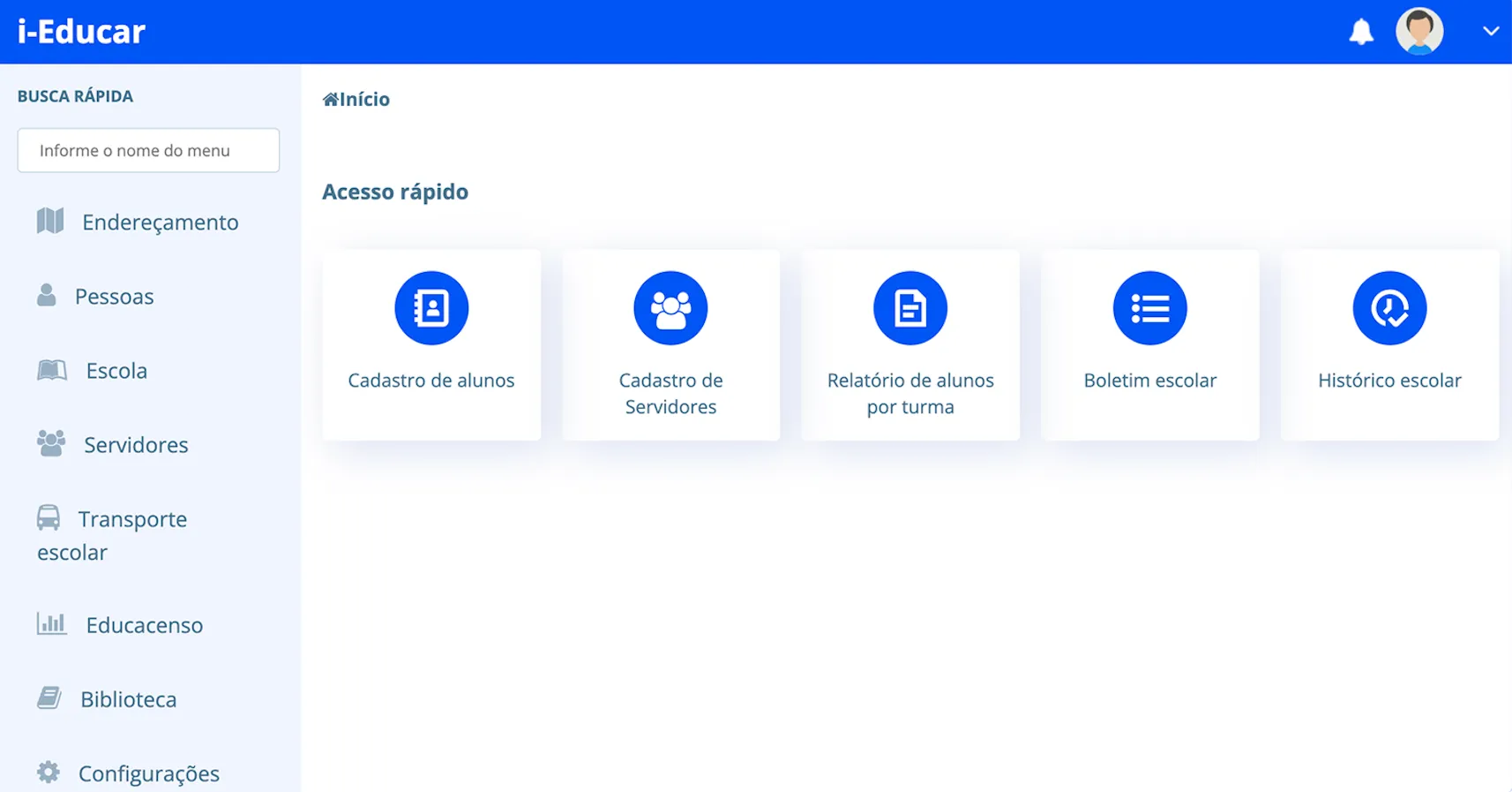 Tela inicial do i-Educar: menu de módulos à esquerda e atalhos de acesso rápido a cadastro de alunos, servidores, relatórios, boletim e histórico escolar