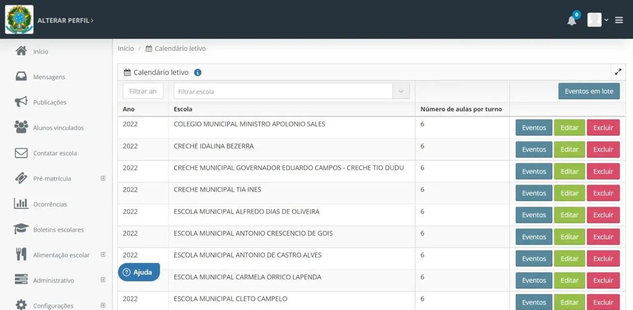 Tela do calendário letivo com as escolas da rede e os eventos de cada uma