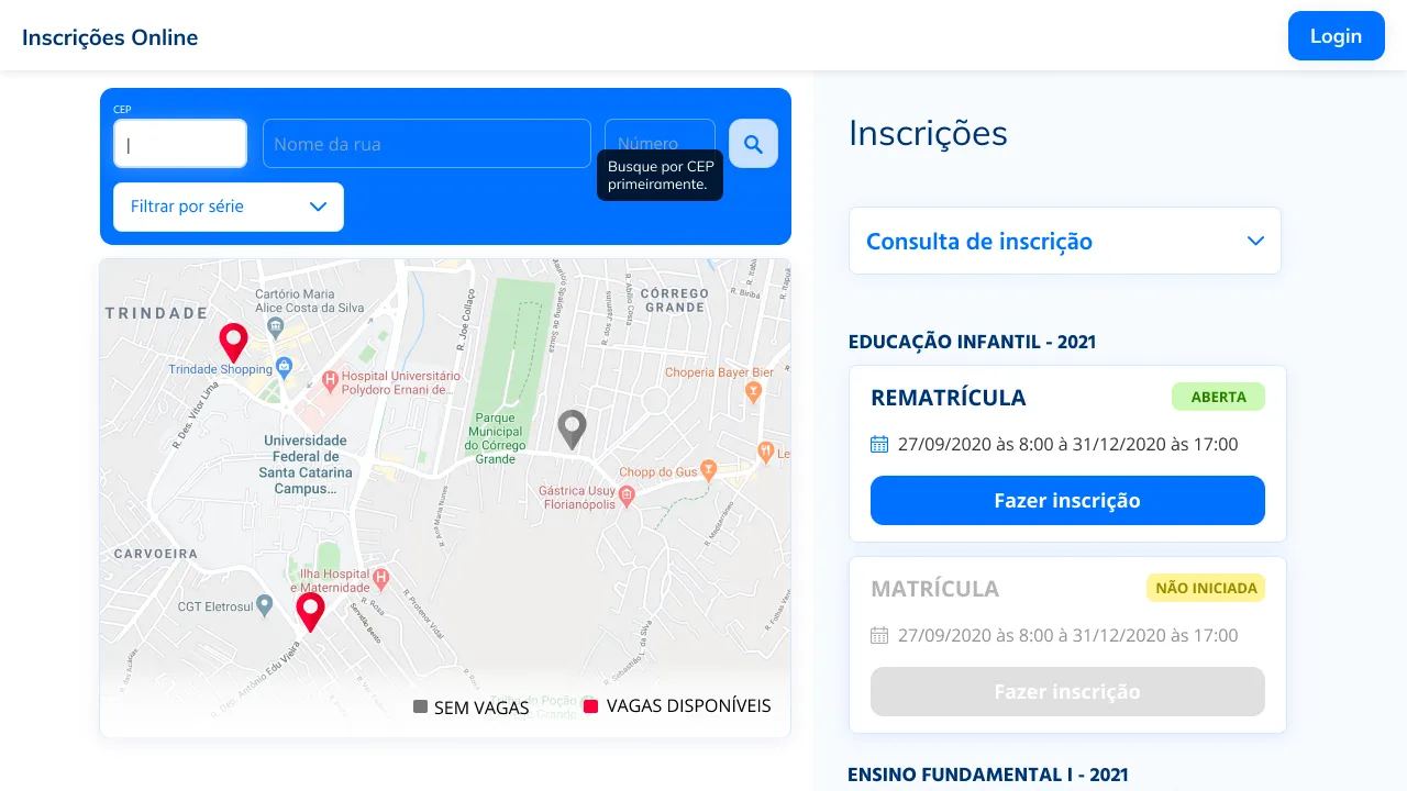 Tela da Pré-Matrícula Digital com o mapa de vagas por região e as inscrições abertas