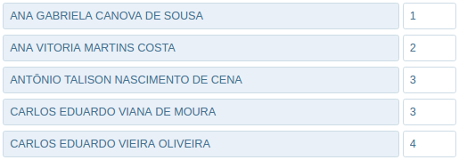 Formulário com lista de alunos e campos numéricos para ordenação dos alunos